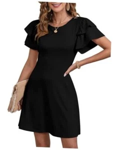 Women 2024 Summer Ruffle Edge Sleeve Dresses Floral Casual Beach Medium Black - Picture 1 of 7