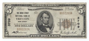 1929 Trenton NJ $5 DOLLAR BILL FEDERAL RESERVE BANK NOTE BROWN SEAL - Picture 1 of 2