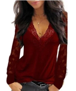 Women's Lace V-Neck T Shirt Loose Casual Blouse Long Sleeve Summer Tops-sexy - Picture 1 of 3
