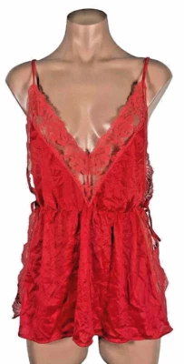 Vtg 90s Negligee Open Sides Red Lace Nylon Romper Lingerie Babydoll sz S - Image 1 of 4