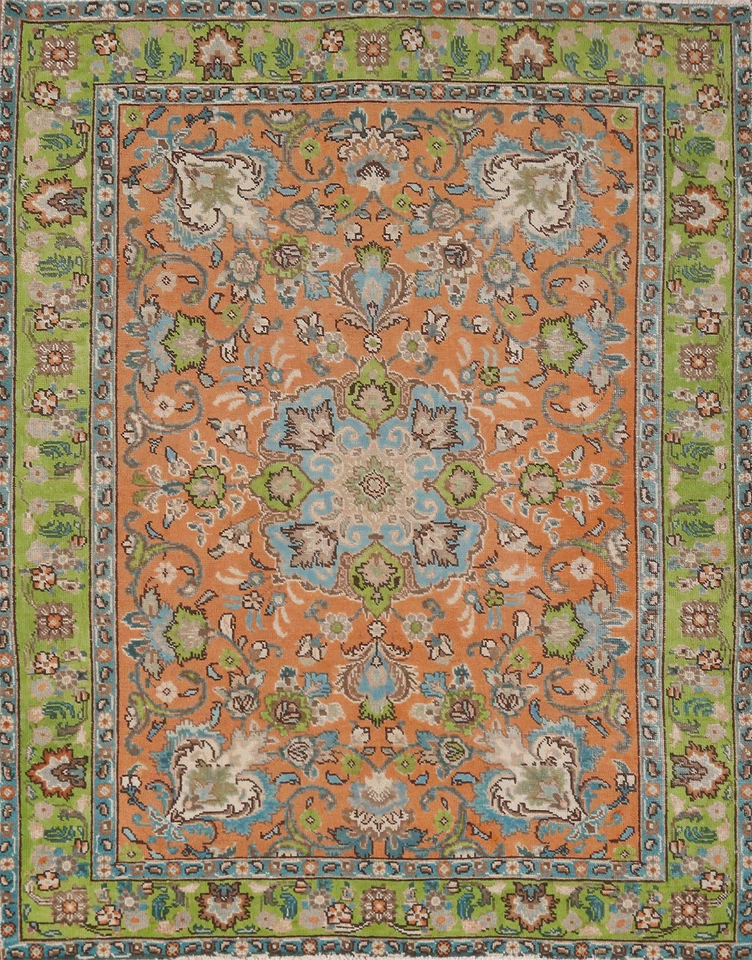 Orange/ Green Floral Wool Traditional Rug 5x6 ft Hand-knotted Vintage Carpet - Image 1 of 4