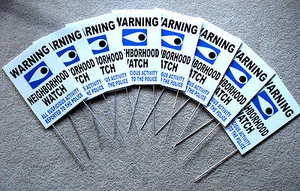 8 WARNING NEIGHBORHOOD WATCH POLICE SIGNS w/Stakes  8x12 Plastic Coroplast - Picture 1 of 1