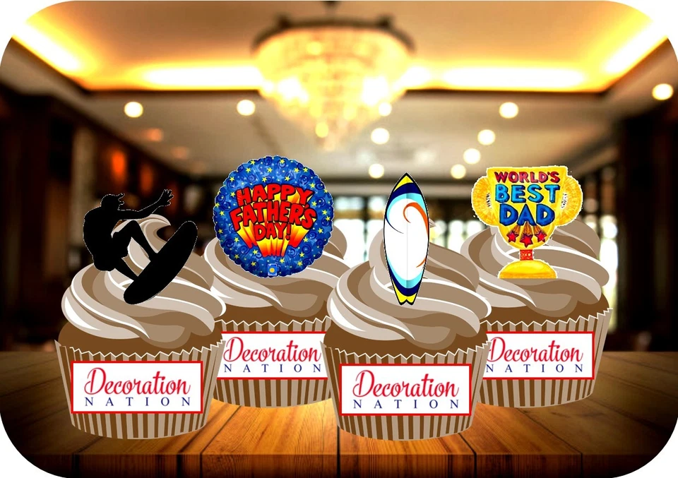 Surfing Mix - Happy Fathers Day - 12 PREMIUM STAND UP Edible Wafer Cake Toppers - Image 1 of 1