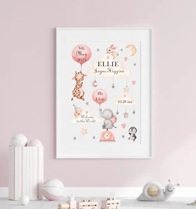 Süße Tiere Baby Druck, Kinderzimmer Druck, Geburt und Gewicht Details, Neu Baby Geschenk - Bild 1 von 1