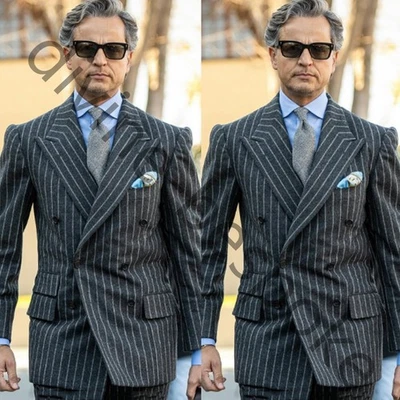 Trajes de lana gris a rayas para hombre solapa pico doble pecho formal boda esmoquin Foto 1 de 4