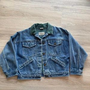 OshKosh B'Gosh Denim Jacket Green Collar Sz 8 Vintage 90's Retro Utility Cowboy - Picture 1 of 7