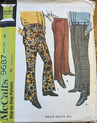 60's McCall’s 9687 Mens Pants Bellbottom/ Straight/ Cuff sewing pattern 34 UNCUT - Image 1 of 2