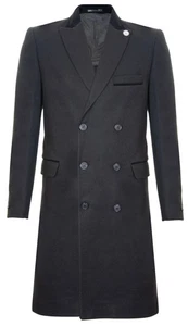 Mens 3/4 Black Long Double Breasted Overcoat Wool Coat Peaky Blinders - Picture 1 of 5