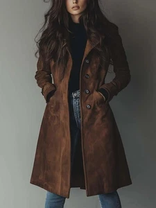 Handmade Brown Suede Leather Overcoat: Women's Vintage Long Winter coat 2XS-3XL - Picture 1 of 7