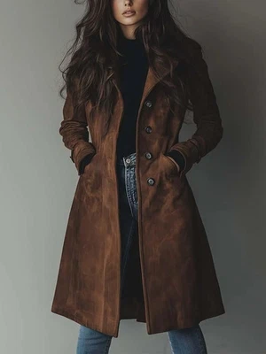 Handmade Brown Suede Leather Overcoat: Women's Vintage Long Winter coat 2XS-3XL - Image 1 of 4