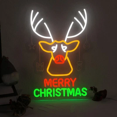 Christmas Reindeer Neon Sign Merry Christmas Glow USB Dimmable & Easy Hang Decor - image 1 of 4