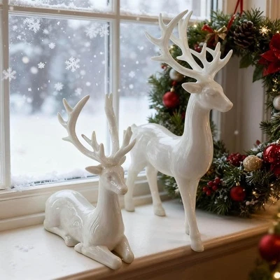 2 Pcs Reindeer Statues,Xmas Figurines,Indoor Holiday Decor Table Centerpieces UK - Image 1 of 4
