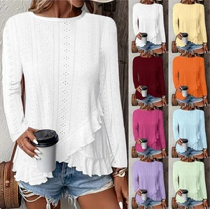 Women's Ruffle Hem Pullover Tops Shirts Summer Long Sleeve Blouse Tee Size 6-18 - Picture 1 of 14