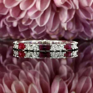 Baguette Red Ruby Diamond Half Eternity Ring Wedding Band 14K White Gold Over - Picture 1 of 7