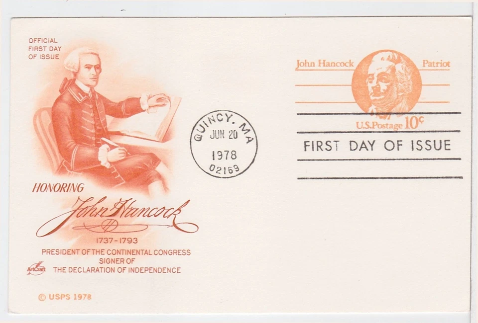 TurtlesTradingPost- John Hancock- 1978 #UX74  Postal Card FDC- Artcraft Cachet - Image 1 of 1