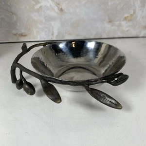 Michael Aram Hammered Stainless Steel Olive Branch Candy Nut Dish 4.75" diam EUC - Picture 1 of 9