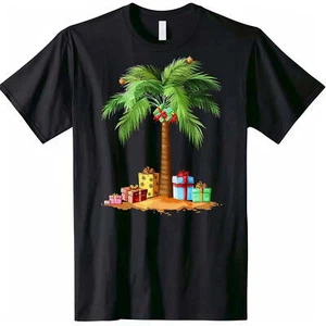 Christmas Palm Tree & Presents Black T Shirt Tropical Holiday Vibe - Picture 1 of 40