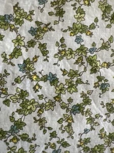 Vintage Leinen Blumen Stoff W44”xL2,8Yds grün & blau Blumen auf weiß WUNDERSCHÖN - Bild 1 von 4