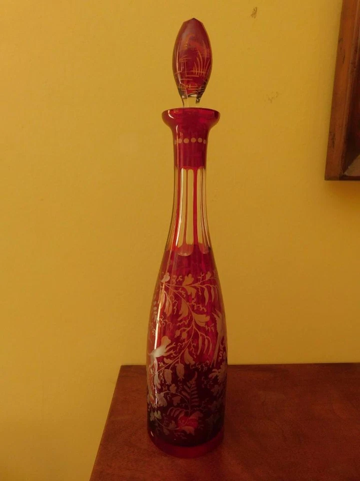 ANTIQUE BOHEMIAN ART GLASS RUBY STAINED  DECANTER MONKEYS FLORAL LABEL  15.75" T - Image 1 of 1