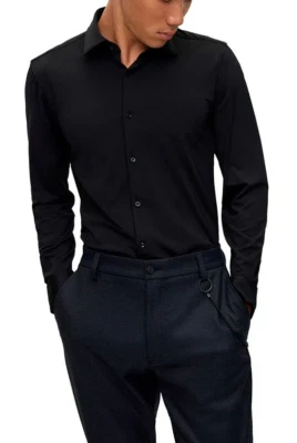 HUGO BOSS Kenno Performance Casual Dress Shirt Slim Fit Solid Black Sz 17 - Image 1 of 4