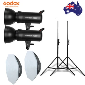 2X Godox SK400II Studio Flash Strobe + 95cm Bowens Softbox + 2m Light Stand - Picture 1 of 12