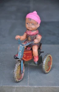 Vintage Wind Up C.K Trademark 'TRICYCLE' Litho Tin & Celluloid Toy,Japan - Picture 1 of 7