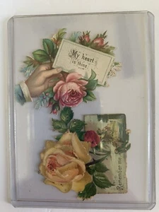 2 Small Valentine Cards-Victorian-Roses-Embossed Chromo Diecut 2x-2.00” x 1.75” - Picture 1 of 3