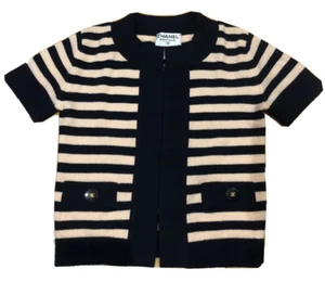CHANEL 1997 Blue Pink Stripped Cashmere Open Vest CC Buttons Sz. S (38) - Picture 1 of 11