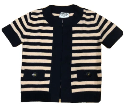 CHANEL 1997 Blue Pink Stripped Cashmere Open Vest CC Buttons Sz. S (38) — 第 1/4 张图片