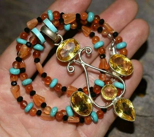 Faceted Citrine Gemstone Pendant Necklace W Carnelian & Turquoise Stone Beads - Picture 1 of 4