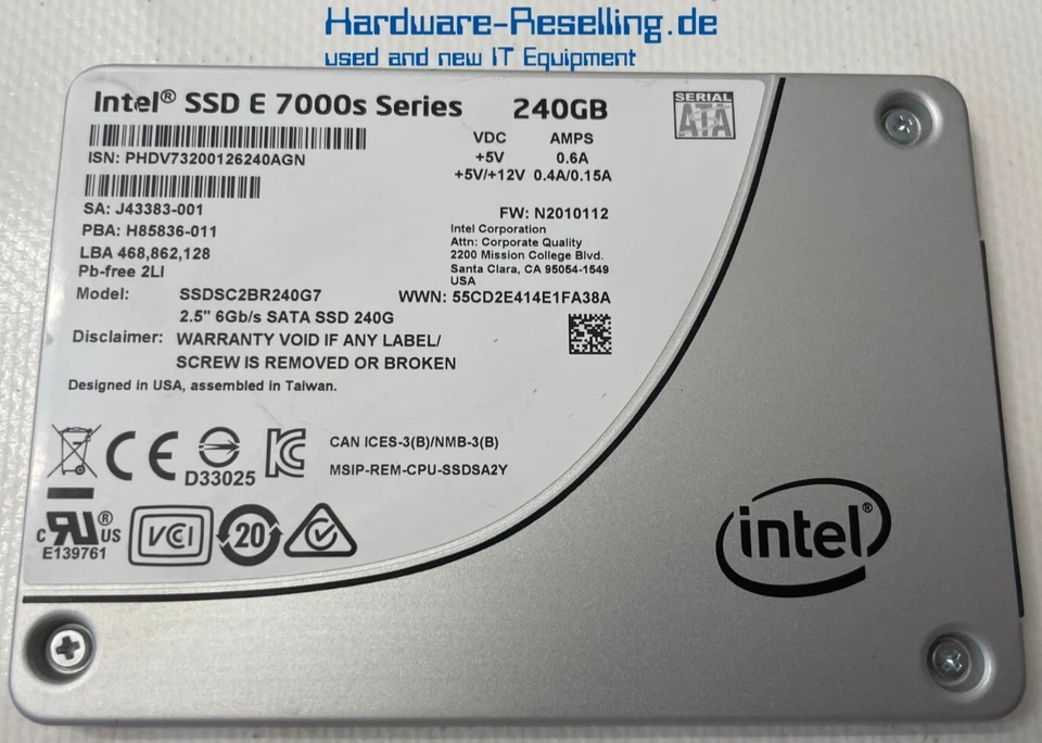 Intel SSD E 7000s Serie 240GB 2,5 " SATA 6G Nand 3D MLC SSDSC2BR240G7 J43383-001 - Immagine 1 di 1