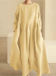 Beiges Leinen Baumwolle Slip on Oversize Landhaus Kleid Dress Beige S 34 36 - Bild 1 von 4