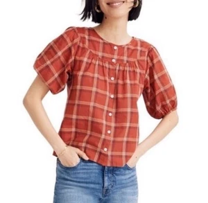Madewell Damen Gr. Small Prosa Oberteil kariert Knopfleiste Hemd Puffärmel leicht - Bild 1 von 10