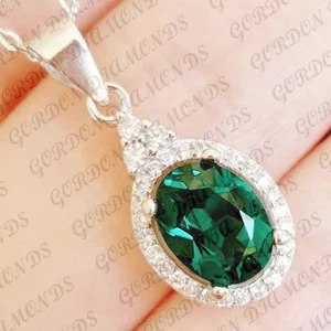 5.30ct Oval Cut Natural Emerald & Diamond Pendant 18K White Gold Plated No Chain - Picture 1 of 10