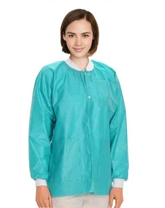 Teal Disposable Lab Jackets, Large - Pack of 10, 45 GSM, Knit Cuffs, 3 Pockets - Picture 1 of 8