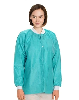 Teal Disposable Lab Jackets, Large - Pack of 10, 45 GSM, Knit Cuffs, 3 Pockets - Image 1 of 4