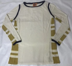 Tory Burch Sweater Top Cream Yellow Navy Striped Boat Neck 3/4 Sleeves Shirt XS - Picture 1 of 17