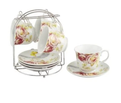 Lorren Home Trends Importación Tazas de Café Florales Sobre Soporte de Metal (Juego de 4), Rosa Foto 1 de 2