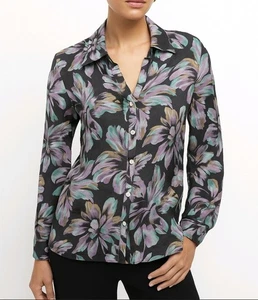 Tommy Bahama Blouse Silk Blend Black Floral Long Sleeve Button Up Size M - Picture 1 of 8