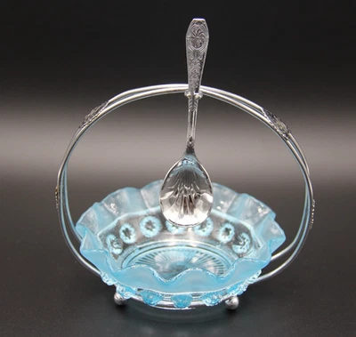 1930s DAVIDSON Glass Blue Blackberry Punt Relish Dish with Chrome Plate Stand #1 - Image 1 of 4