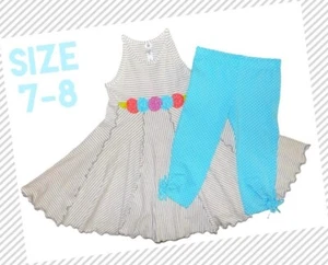 NWT GIRLS 7-8 TURQUOISE & GRAY POLKA DOTS & STRIPES FULL TWIRL DRESS & CAPRI SET - Picture 1 of 7