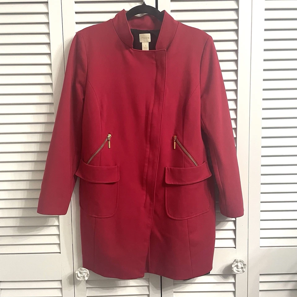 Chaqueta Chico's Mujer Roja Ponte Cremallera Blazer Bolsillos Longline Dorado Herrajes Mediana Foto 1 de 4