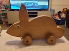 Vintage Large Handmade Wooden Rabbit Pull Along Toy On Wheels
