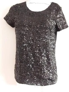 OASIS - WOMENS BLACK SEQUIN FRONT SHORT SLEEVE TOP - SIZE S - Picture 1 of 5