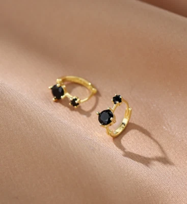 Pendientes de aro Huggie de plata de ley 925 pequeños negros circonita cúbica de 10 mm/0,4" para mujer niña PE29 Foto 1 de 4