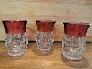 3 Vtg Tiffin-Franciscan Kings Crown Thumbprint Juice Glasses Cranberry Flashed - Picture 1 of 8