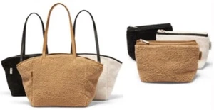 Neiman Marcus White Sherpa With Black Trim Tote Bag & Pouch Set Purse Faux Fur - Picture 1 of 9