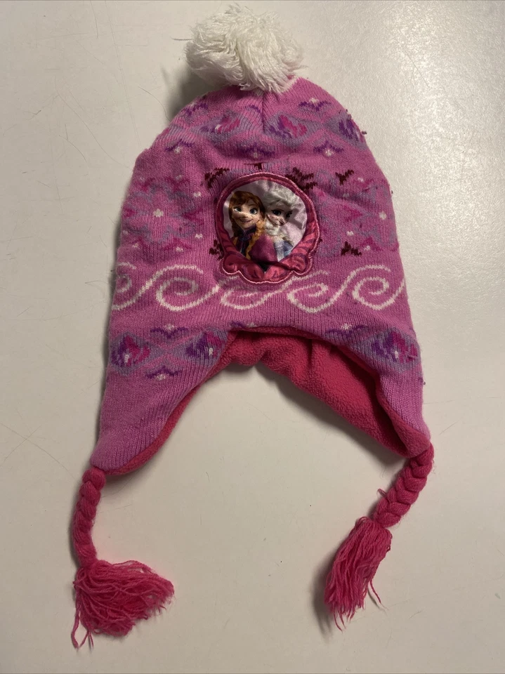 Frozen knit snow ski hat pink anna elsa ear tassle pom warm DISNEY osfa kids  - Image 1 of 3