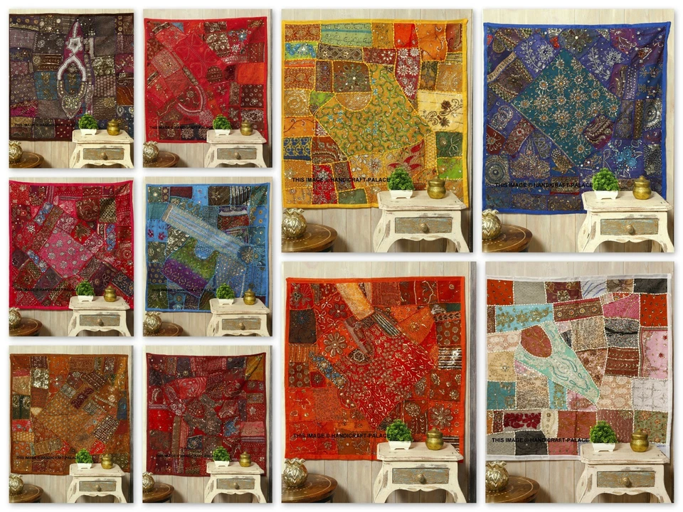 40" HUGE INDIAN SEQUINS BEADED ART DÉCOR VINTAGE SARI ZARI WALL HANGING TAPESTRY - Image 1 of 1