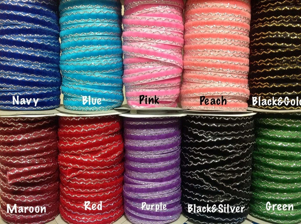 10mm Satin-Velvet Ribbon- ZigZag Design Silver Glitter  - Select from 9 colours - Image 1 of 1